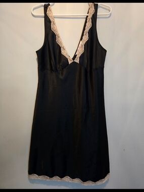 Victoria's Secret Black Satin Slip with Cream Lace Trim